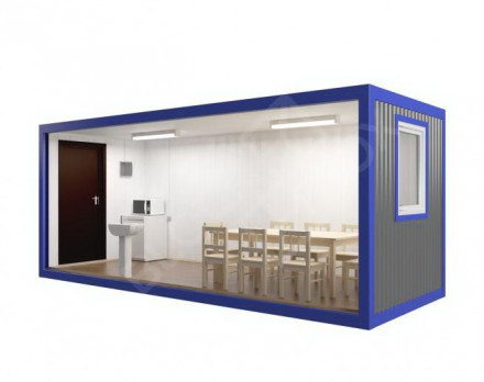 Вагончик синий с 2 окнами, вход по центру под столовую