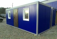 Вагончик синий с 2 окнами, вход по центру под столовую