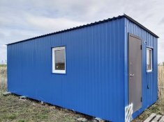 Бытовка синяя с мебелью, вход с торца, 2 окна