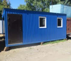 Бытовка синяя с тамбуром, 2 окна, металлическая дверь