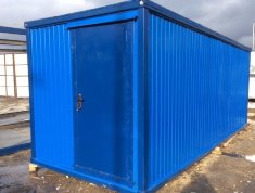 Бытовка синяя с торцевым входом, обшивка ДВП