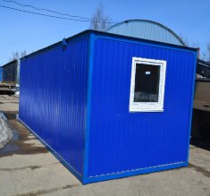 Синяя бытовка обшита ОСП, потолок панели ПВХ